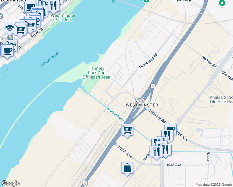 map of restaurants, bars, coffee shops, grocery stores, and more near 107 Tannery Road in Surrey