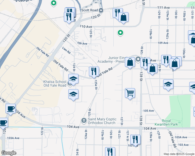 map of restaurants, bars, coffee shops, grocery stores, and more near 12538 Old Yale Road in Surrey