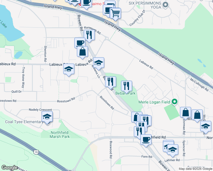 map of restaurants, bars, coffee shops, grocery stores, and more near 2373 Browns Lane in Nanaimo