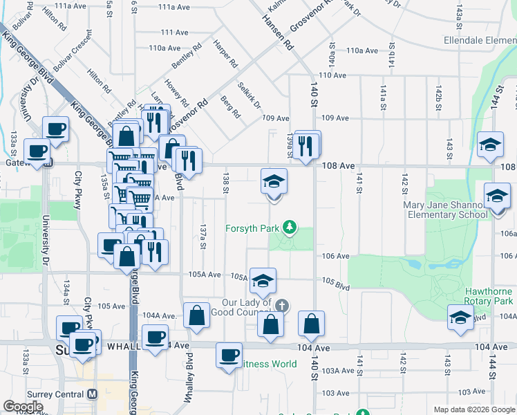 map of restaurants, bars, coffee shops, grocery stores, and more near 10707 139 Street in Surrey