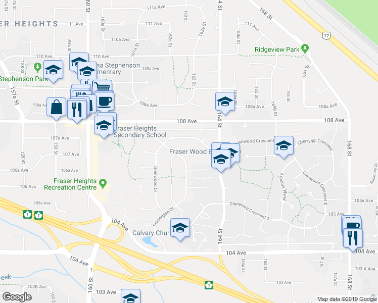 map of restaurants, bars, coffee shops, grocery stores, and more near 16327 Northglen Close in Surrey