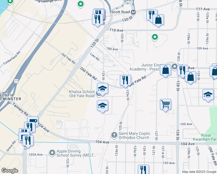 map of restaurants, bars, coffee shops, grocery stores, and more near 12424 Old Yale Road in Surrey