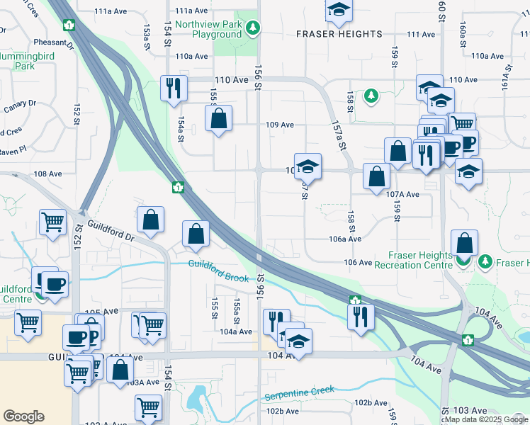 map of restaurants, bars, coffee shops, grocery stores, and more near 15611 107 Avenue in Surrey
