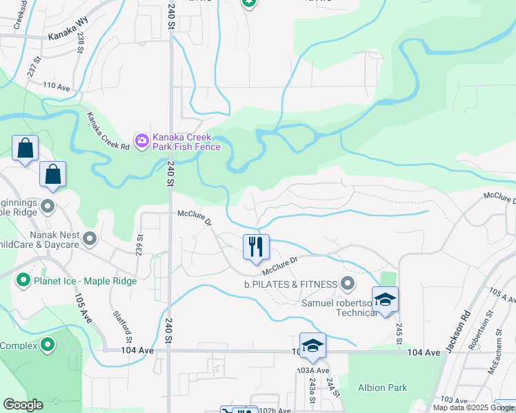 map of restaurants, bars, coffee shops, grocery stores, and more near 24185 106B Avenue in Maple Ridge