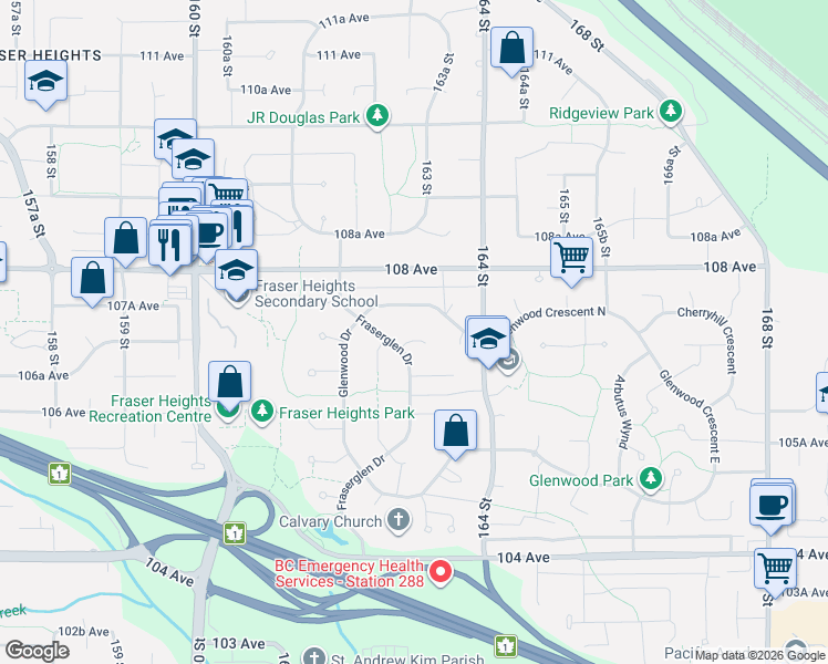 map of restaurants, bars, coffee shops, grocery stores, and more near 16327 Northglen Close in Surrey