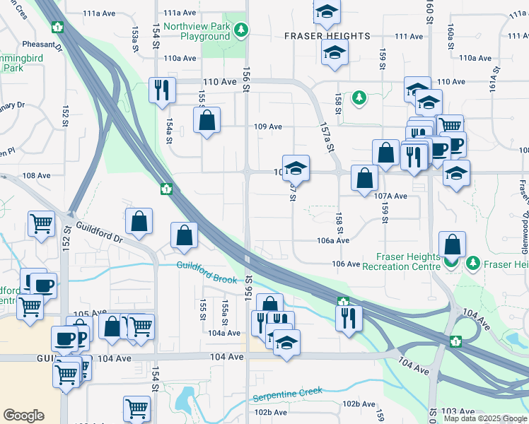 map of restaurants, bars, coffee shops, grocery stores, and more near 15641 107 Avenue in Surrey
