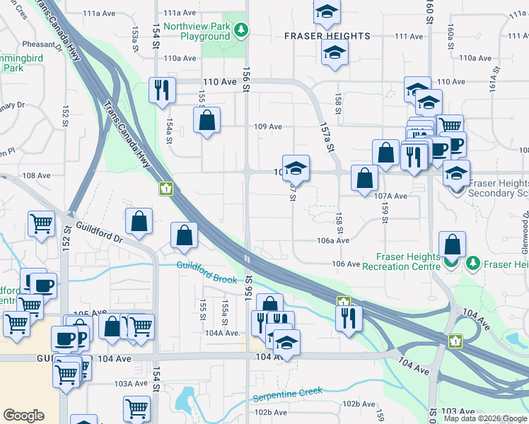map of restaurants, bars, coffee shops, grocery stores, and more near 15641 107 Avenue in Surrey