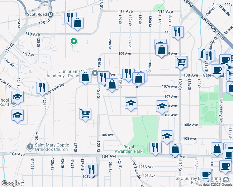 map of restaurants, bars, coffee shops, grocery stores, and more near 12893 107 Avenue in Surrey