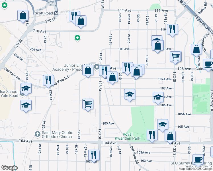 map of restaurants, bars, coffee shops, grocery stores, and more near in Surrey