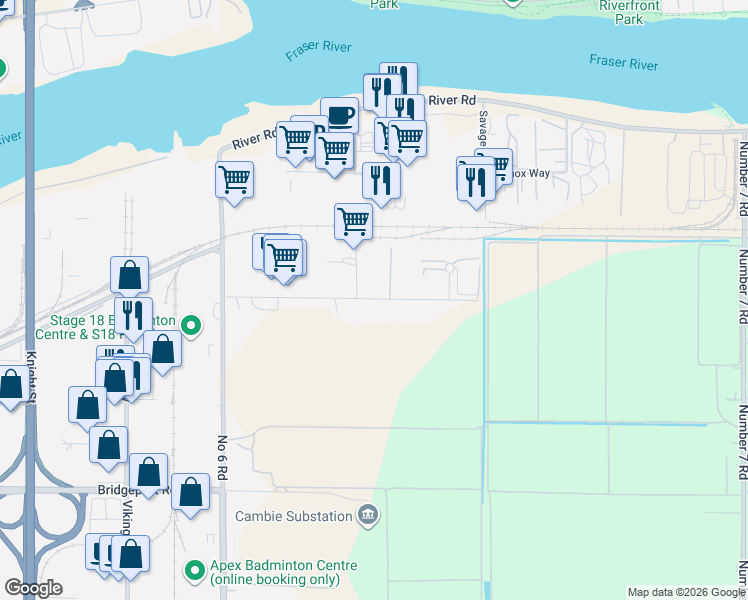 map of restaurants, bars, coffee shops, grocery stores, and more near Burrows Road in Richmond