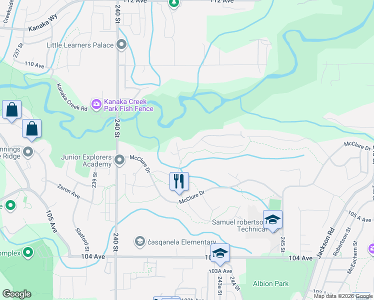 map of restaurants, bars, coffee shops, grocery stores, and more near 24185 106B Avenue in Maple Ridge