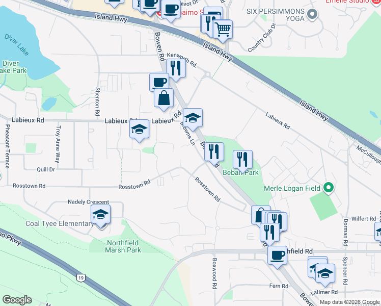 map of restaurants, bars, coffee shops, grocery stores, and more near 2352 Rosstown Road in Nanaimo