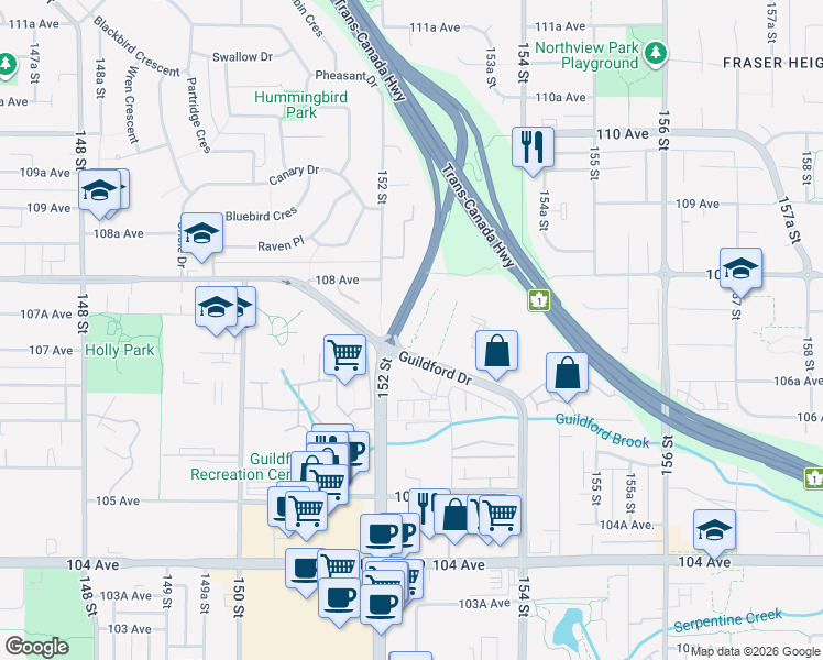 map of restaurants, bars, coffee shops, grocery stores, and more near 10736 Guildford Drive in Surrey