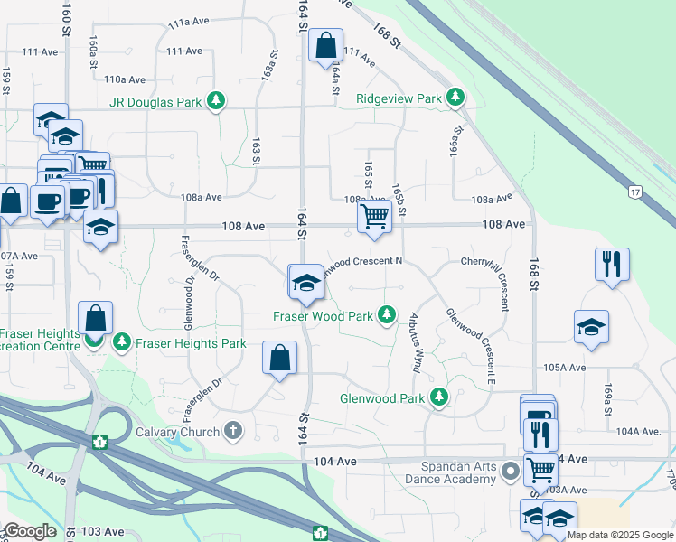 map of restaurants, bars, coffee shops, grocery stores, and more near 16476 Glenwood Crescent North in Surrey
