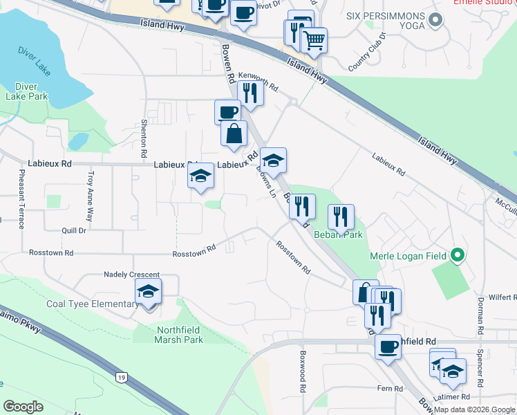 map of restaurants, bars, coffee shops, grocery stores, and more near 2352 Rosstown Road in Nanaimo