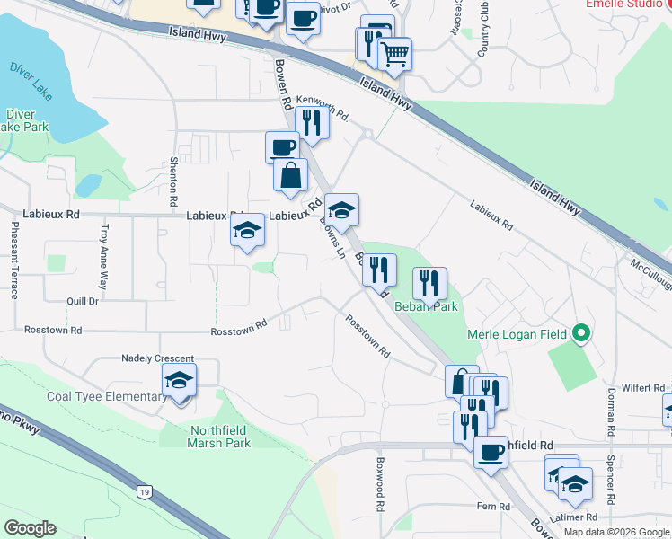 map of restaurants, bars, coffee shops, grocery stores, and more near 2352 Rosstown Road in Nanaimo