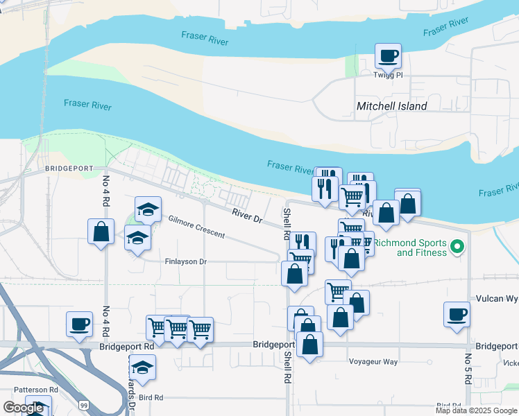 map of restaurants, bars, coffee shops, grocery stores, and more near 10333 River Drive in Richmond
