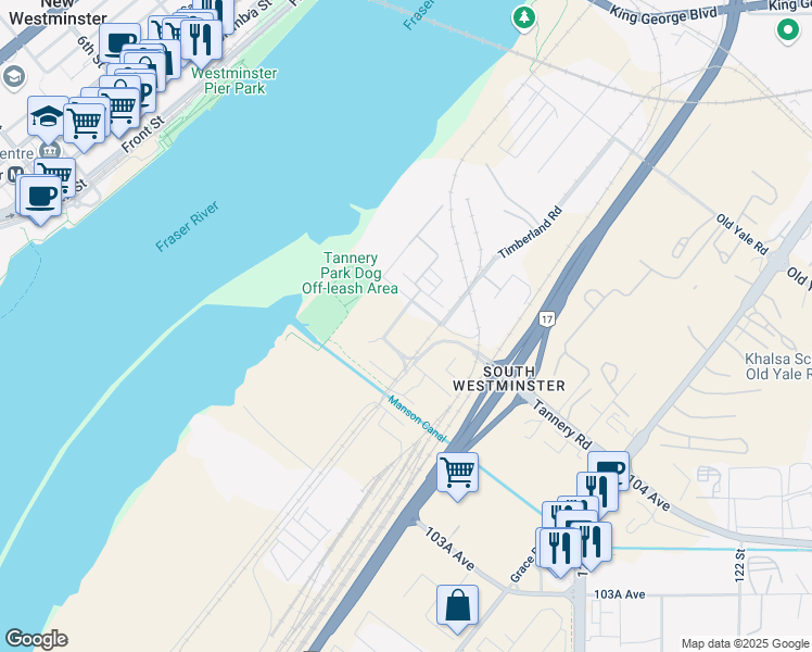 map of restaurants, bars, coffee shops, grocery stores, and more near 107 Tannery Road in Surrey