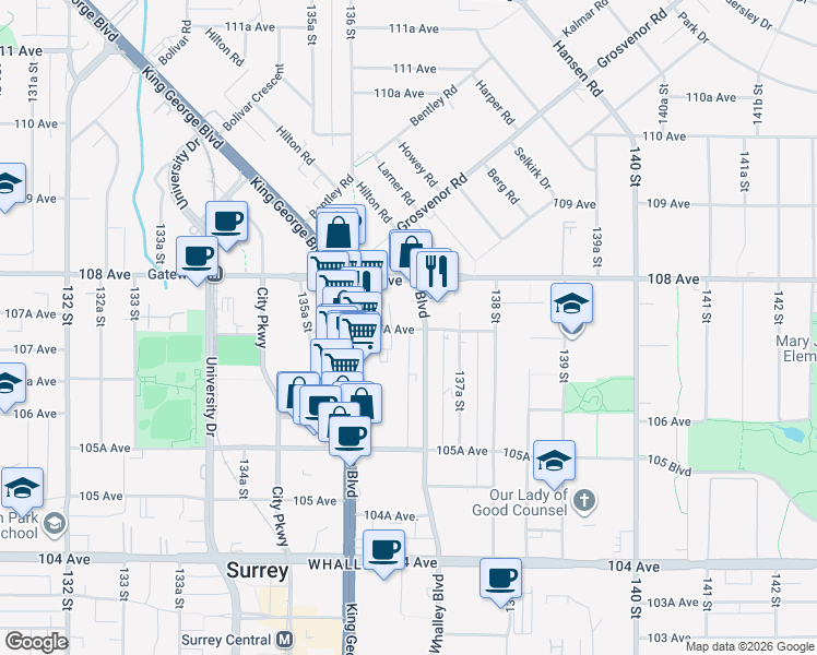 map of restaurants, bars, coffee shops, grocery stores, and more near in Surrey
