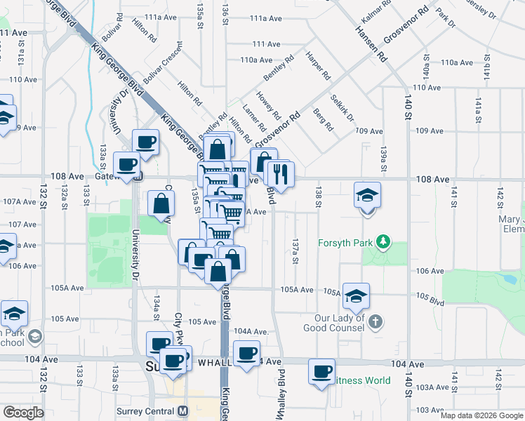 map of restaurants, bars, coffee shops, grocery stores, and more near 13675 107A Avenue in Surrey