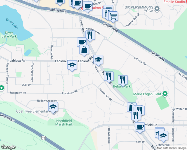 map of restaurants, bars, coffee shops, grocery stores, and more near 2352 Rosstown Road in Nanaimo