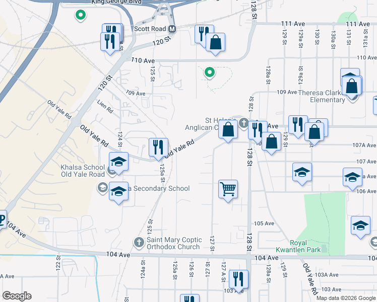 map of restaurants, bars, coffee shops, grocery stores, and more near 12622 Old Yale Road in Surrey