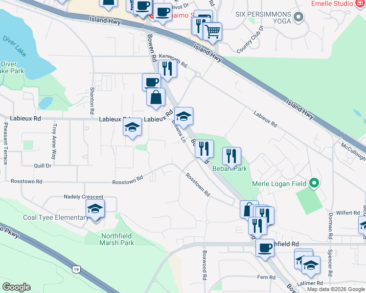 map of restaurants, bars, coffee shops, grocery stores, and more near 2352 Rosstown Road in Nanaimo