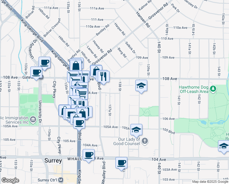 map of restaurants, bars, coffee shops, grocery stores, and more near in Surrey