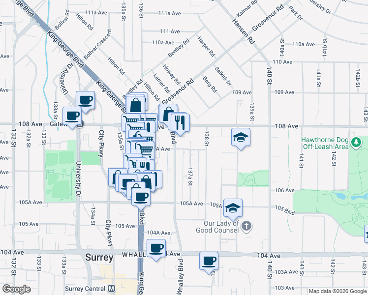 map of restaurants, bars, coffee shops, grocery stores, and more near in Surrey