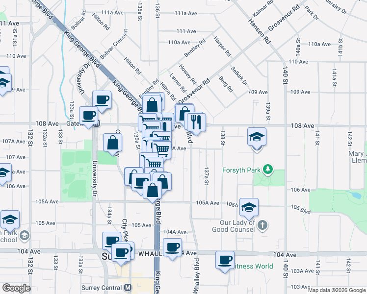 map of restaurants, bars, coffee shops, grocery stores, and more near 13675 107A Avenue in Surrey