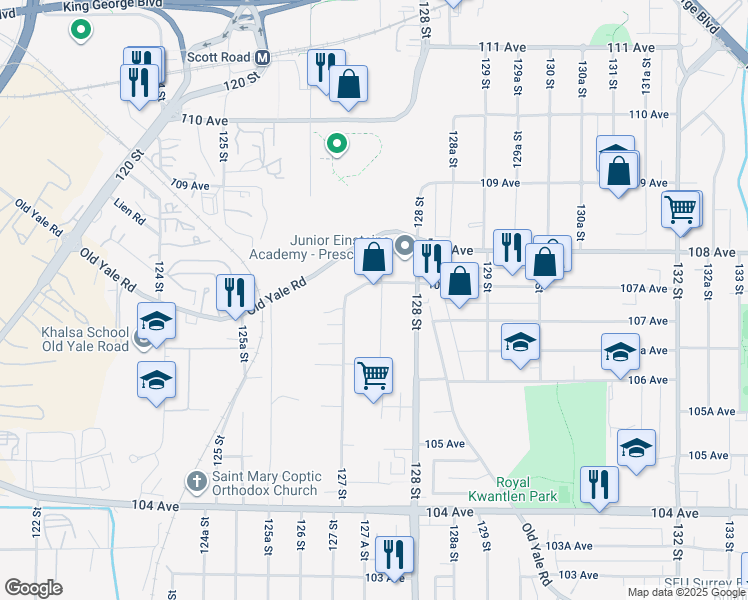 map of restaurants, bars, coffee shops, grocery stores, and more near 10725 127 A Street in Surrey
