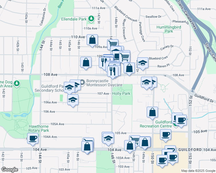 map of restaurants, bars, coffee shops, grocery stores, and more near 14782 107A Avenue in Surrey