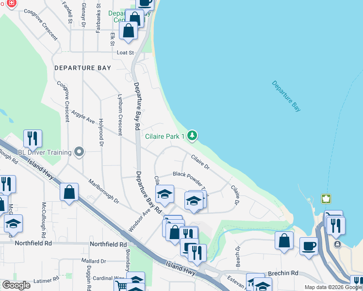 map of restaurants, bars, coffee shops, grocery stores, and more near 191 Cilaire Drive in Nanaimo
