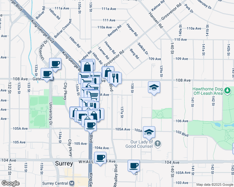map of restaurants, bars, coffee shops, grocery stores, and more near 13733 107A Avenue in Surrey