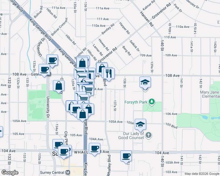 map of restaurants, bars, coffee shops, grocery stores, and more near 13733 107A Avenue in Surrey