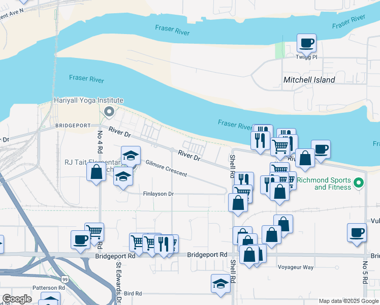 map of restaurants, bars, coffee shops, grocery stores, and more near 10233 River Drive in Richmond