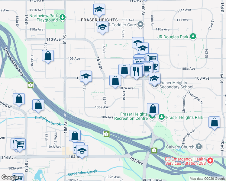 map of restaurants, bars, coffee shops, grocery stores, and more near 15850 107A Avenue in Surrey