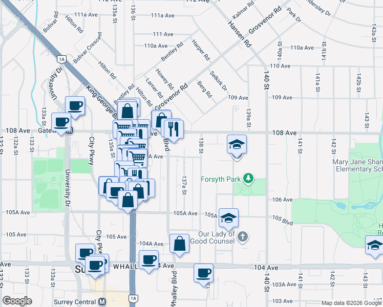 map of restaurants, bars, coffee shops, grocery stores, and more near 13789 107A Avenue in Surrey