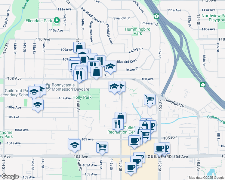 map of restaurants, bars, coffee shops, grocery stores, and more near in Surrey