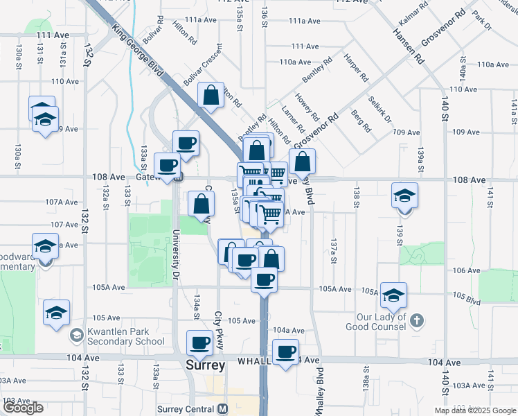 map of restaurants, bars, coffee shops, grocery stores, and more near in Surrey