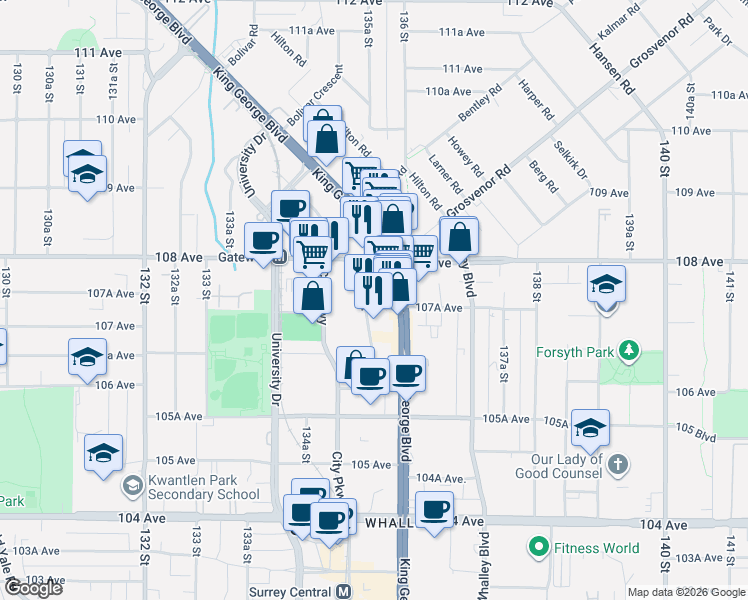 map of restaurants, bars, coffee shops, grocery stores, and more near 10750 135A Street in Surrey