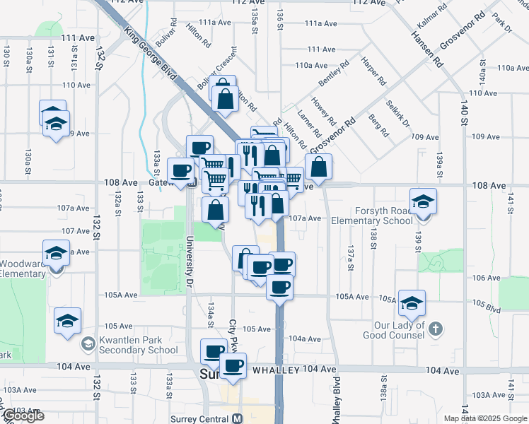 map of restaurants, bars, coffee shops, grocery stores, and more near 10767 King George Boulevard in Surrey