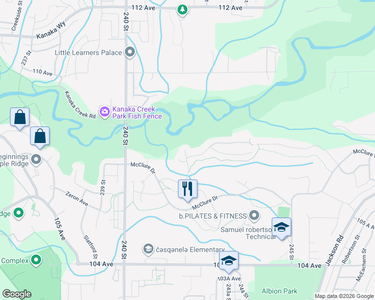 map of restaurants, bars, coffee shops, grocery stores, and more near 24170 106B Avenue in Maple Ridge