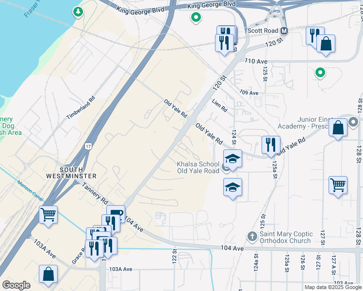 map of restaurants, bars, coffee shops, grocery stores, and more near 10772 Scott Road in Surrey