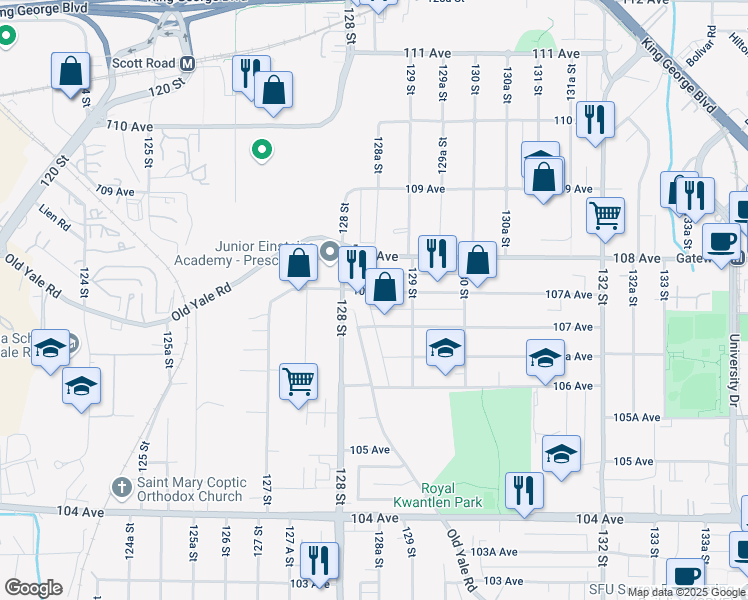 map of restaurants, bars, coffee shops, grocery stores, and more near 12854 107A Avenue in Surrey