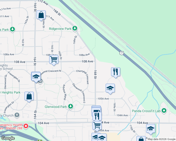 map of restaurants, bars, coffee shops, grocery stores, and more near Walnut Close in Surrey