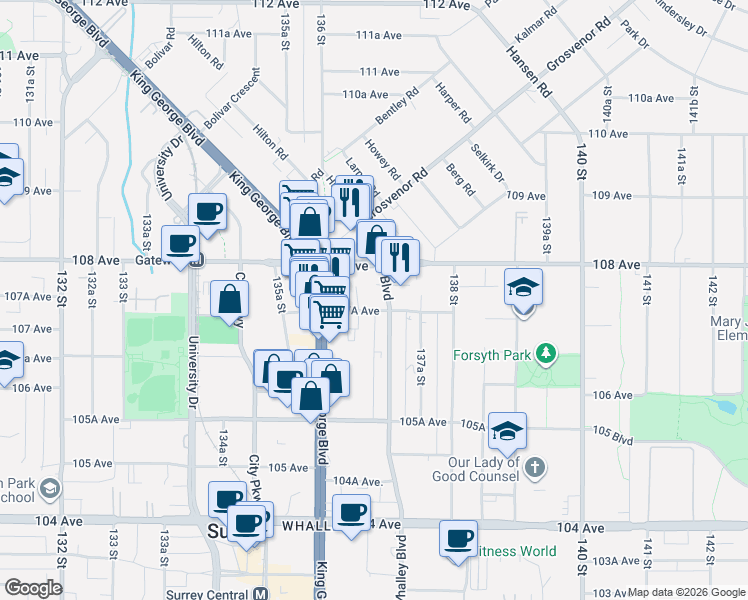 map of restaurants, bars, coffee shops, grocery stores, and more near 13675 107A Avenue in Surrey