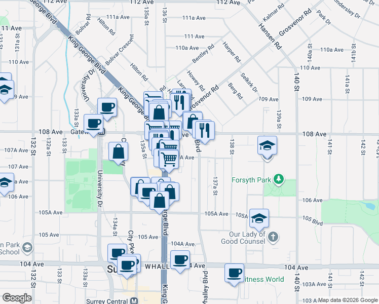 map of restaurants, bars, coffee shops, grocery stores, and more near 13675 107A Avenue in Surrey