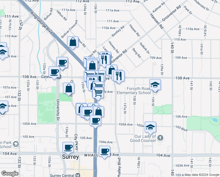 map of restaurants, bars, coffee shops, grocery stores, and more near 13675 107A Avenue in Surrey