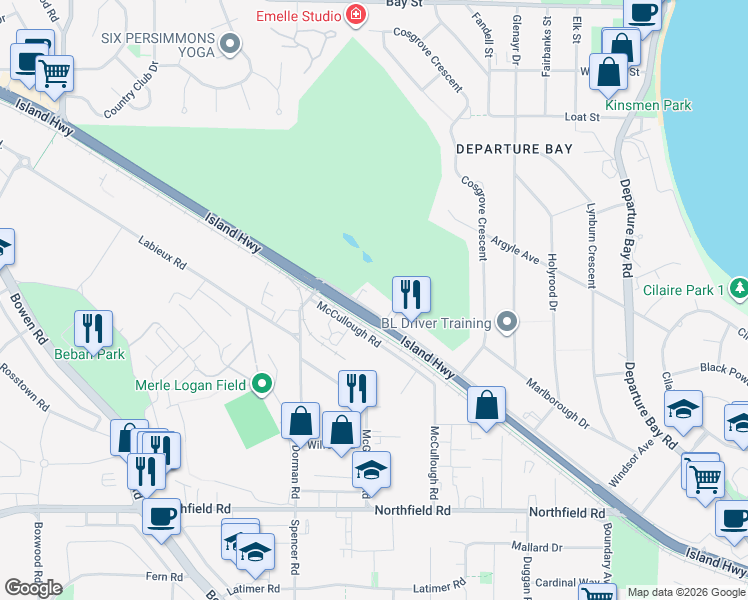 map of restaurants, bars, coffee shops, grocery stores, and more near 2600 Highland Boulevard in Nanaimo